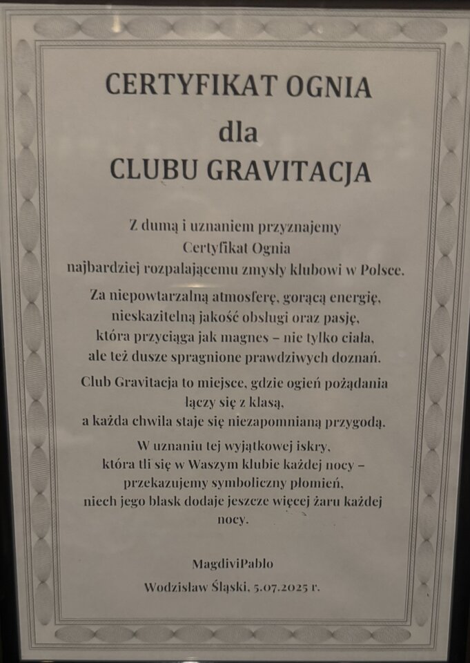 Certyfikat - ClubGravitacja